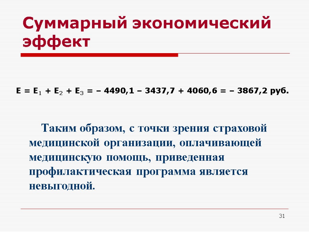 31 Суммарный экономический эффект Е = Е1 + Е2 + Е3 = – 4490,1